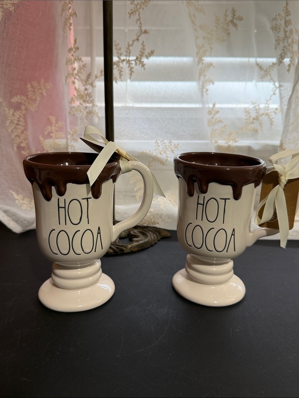 Rae Dunn set of 2 Hot Cocoa" ceramic pedestal mugs